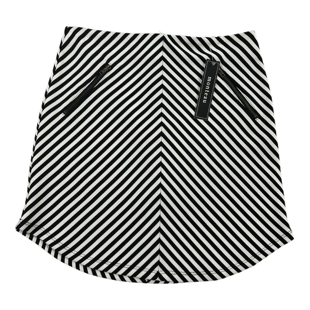 NWT Monteau Y2K Black White Striped Mini Skirt Zip Pockets Bodycon Chevron Sz M